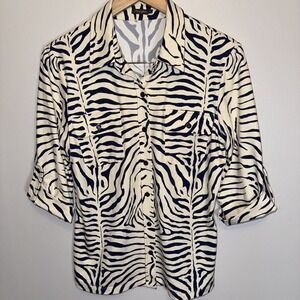 J. McLaughlin 3/4 Sleeve Button Cream Navy Zebra Print Blouse Top W-511 Sz M